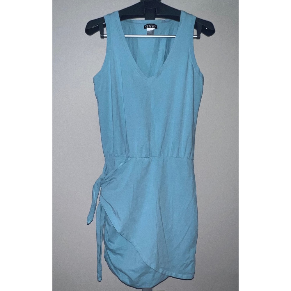 Venus Women Aqua Blue V-Neck Faux Wrap Side Tie Ruched Mini Dress Size M